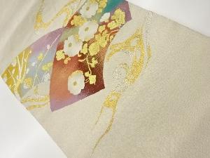 綴れ地紙菊・木・流水模様織出し名古屋帯